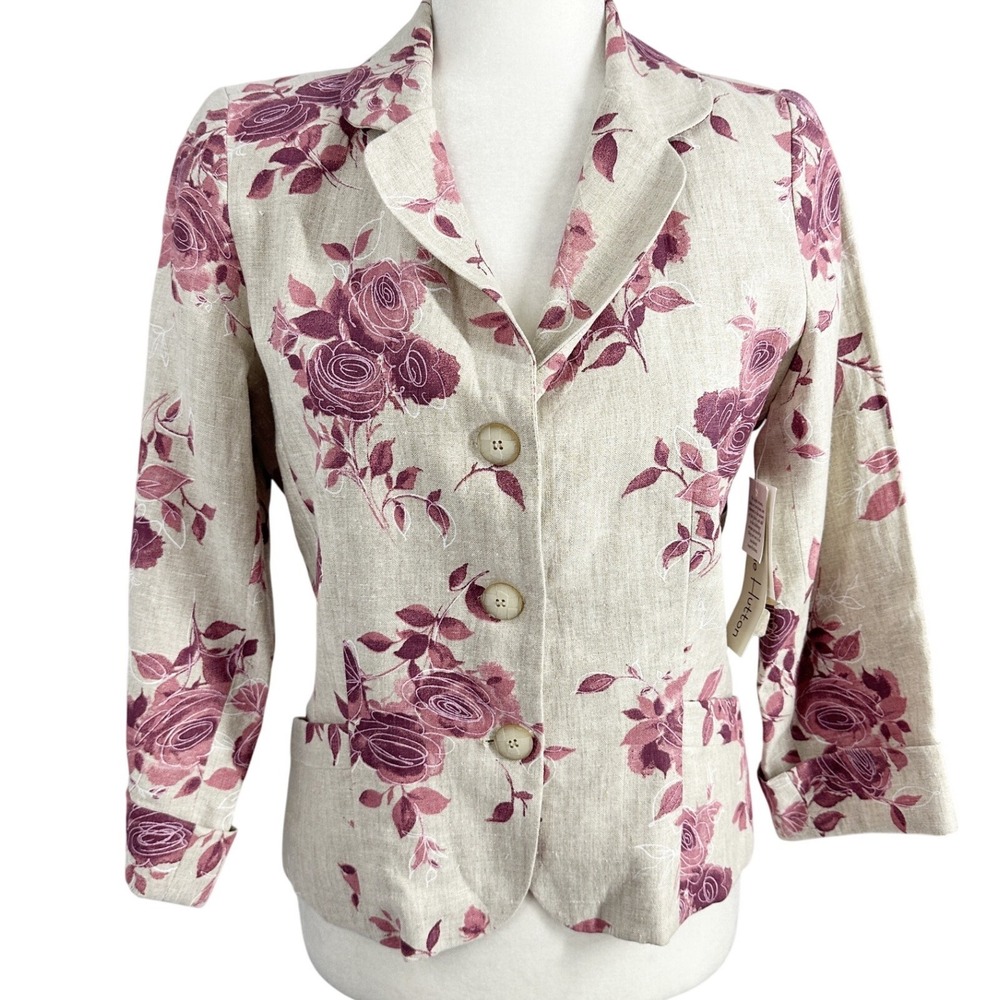 Carrie Hutton Linen Cotton Floral Raspberry Blazer Women's Size 6 Preppy NEW